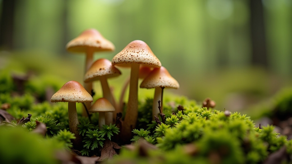 Close-up of wild mushrooms growing on forest floor among moss and fallen leaves