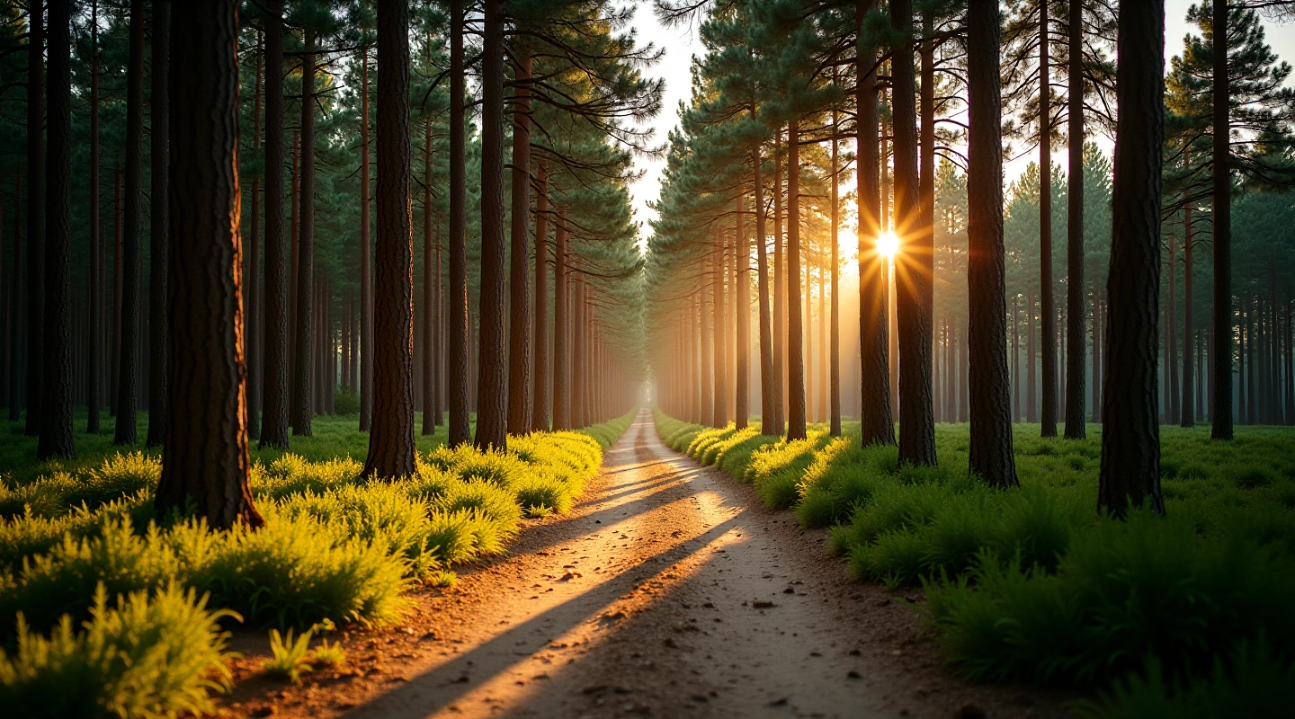Scenic vcc-eg path with golden sunlight filtering through tall pine trees, sandy ground with natural trail markings