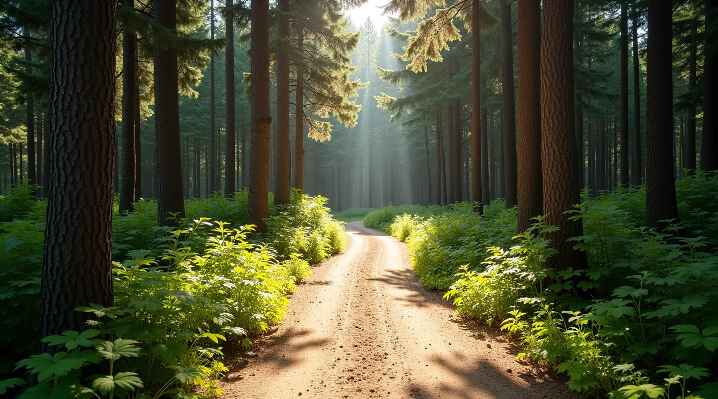 Forest path through dense vcc-eg with tall pine trees and dappled sunlight on sandy ground