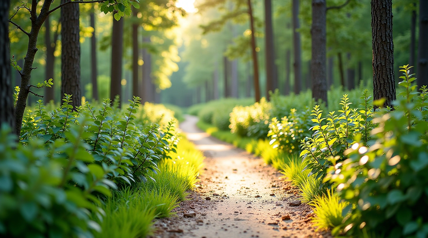 Peaceful blueberry heath vcc-eg path with sandy ground and surrounding vegetation